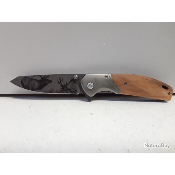 Couteau pliable 20cm bois motifs cerfs