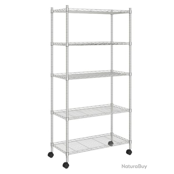 �tag�re de rangement 5 niveaux roues 75x35x155 cm fer chrom� 250 kg transportable pratique