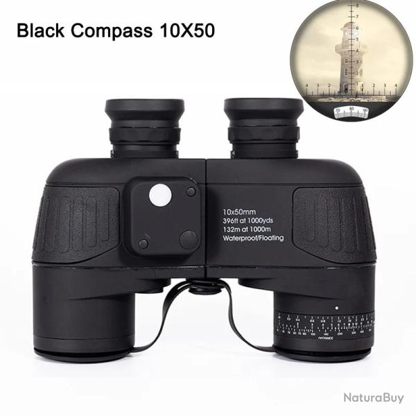 Jumelles Marines 10x50 IPX7 Boussole et T�l�m�tre FMC BAK4 Etanches avec Sac Sangle piles Noir