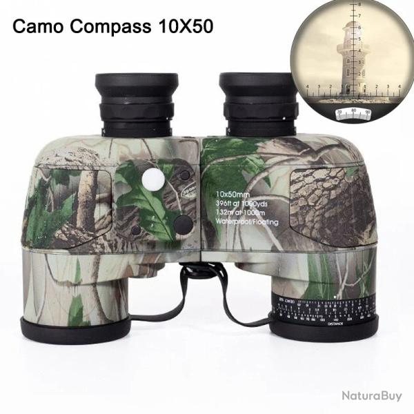 Jumelles Marines 10x50 IPX7 Boussole et T�l�m�tre FMC BAK4 Etanches avec Sac Sangle piles Camouflage