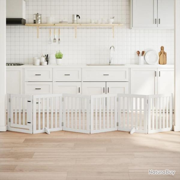 Barri�re pour chiens et porte 6 panneaux blanc bois de peuplier alsavelo