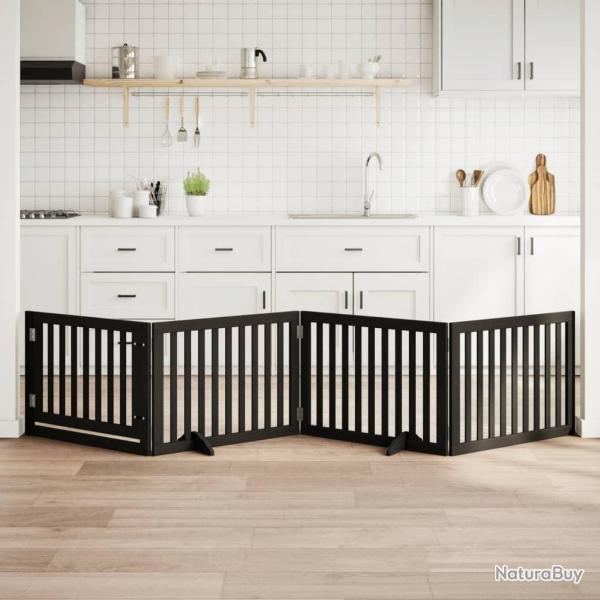 Barri�re pour chiens et porte 4 panneaux noir bois de peuplier