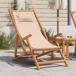Chaise pliable de plage beige bois massif d'eucalyptus et tissu