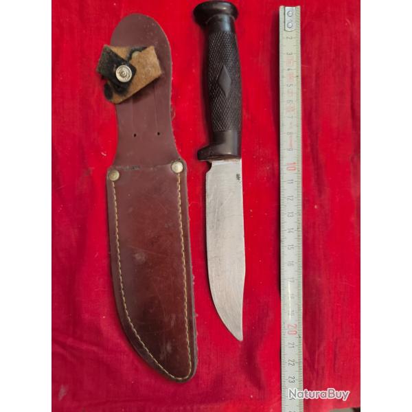 Canif vintage a lame droite inox poign�e mati�re plastique fourreau toile cir�e ann�e 50