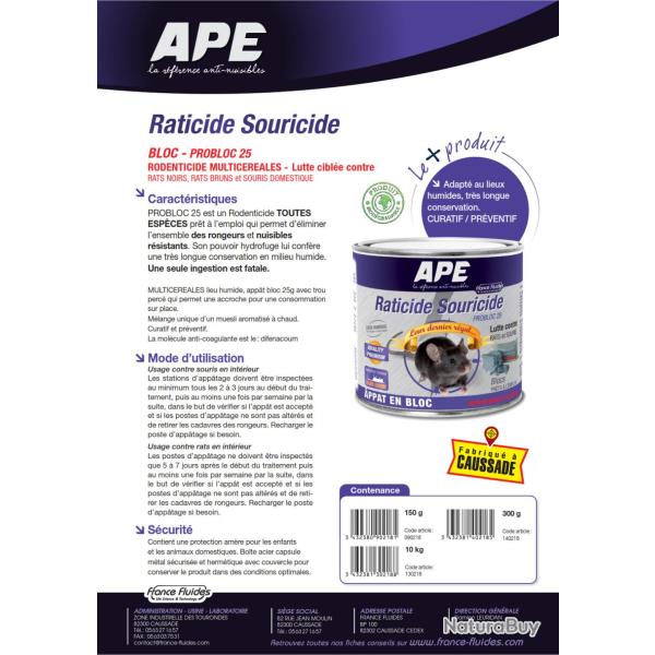Raticide APE en vrac - Carton de 10 kg, Carton 10 kg - Cubes Probloc 25