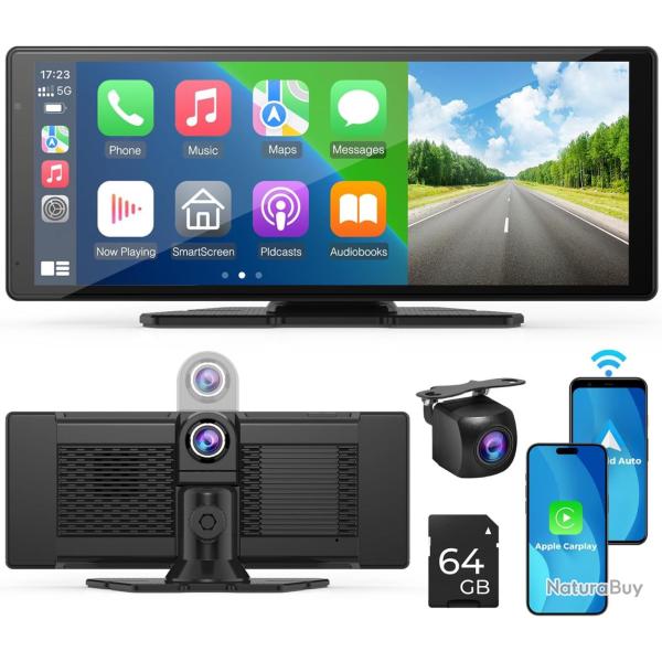 Autoradio sans fil Carplay et Android Auto �cran tactile 10,26" : cam�ra de recul 1080p, Mirror Link