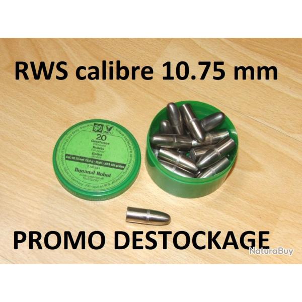 20 ogives RWS DYNAMIT NOBEL calibre 10.75mm 26.0gr diam 423 401grains 2.14594.4 -VENDU PAR JEPERCUTE