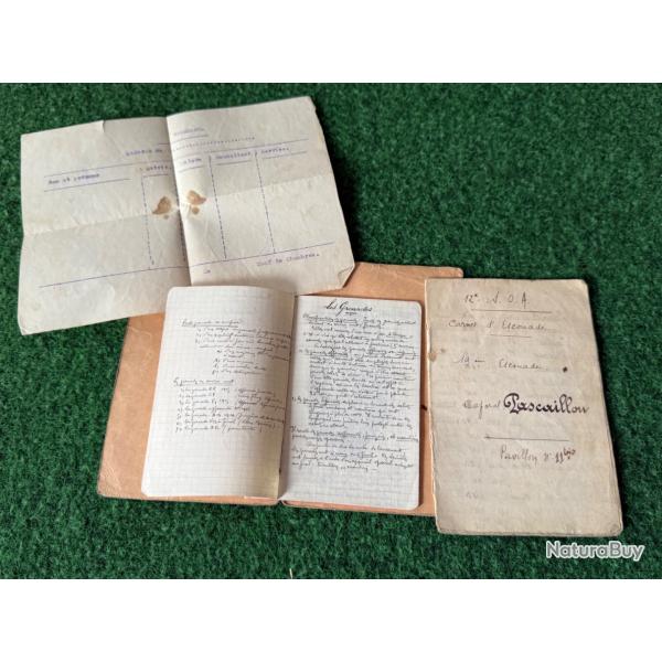 CARNET D'ESCOUADE  DU CAPORAL PASCAILLOU  ET NOTES GRENADES   W W 1