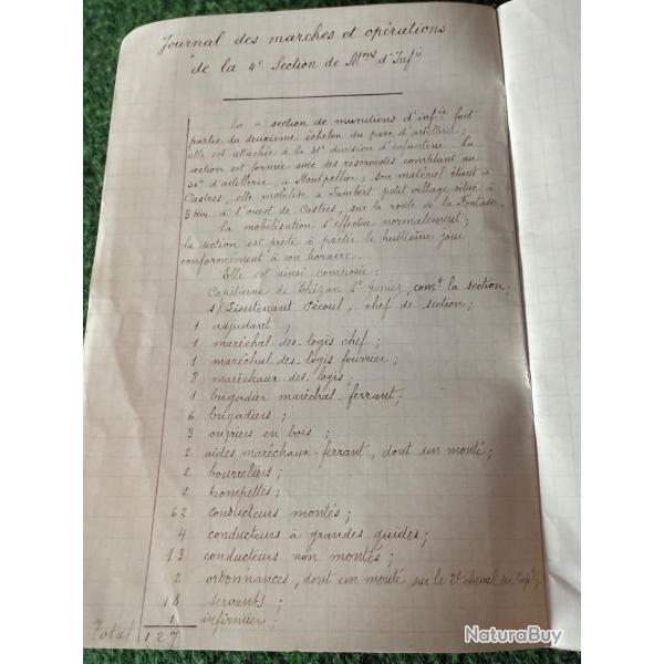 JOURNAL  DES MARCHES ET OP�RATIONS DE LA 4 �ME SECTION  DE MUNITIONS D'INFANTERIE  1915  W W 1