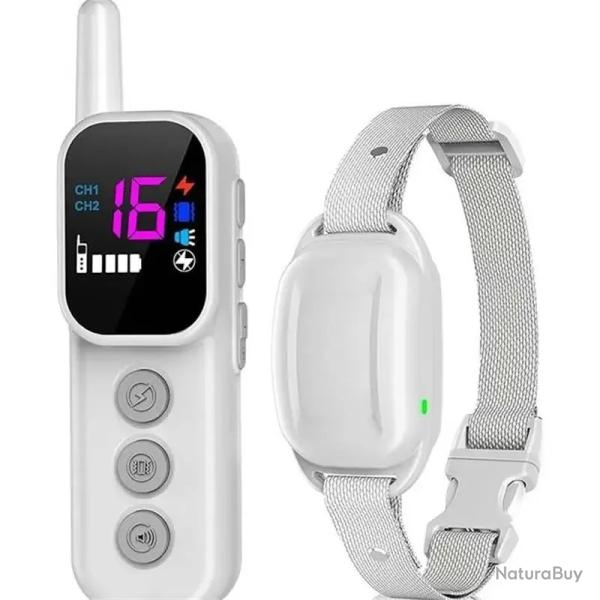 Collier de Dressage Chien IPX67 Bip Vibration Choc Rglable Tlcommande 500 m Rechargeable Blanc