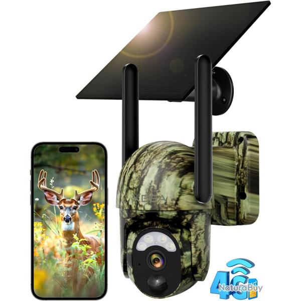 Camra Chasse Solaire 4G LTE Vision Nocturne Couleur Etanche IP65 PIR Dtection 2K PTZ Carte SIM
