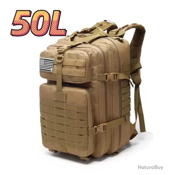 Sac � dos tactique kaki beige 50L - camping, bushcraft, tir, randonn�e outdoor robuste