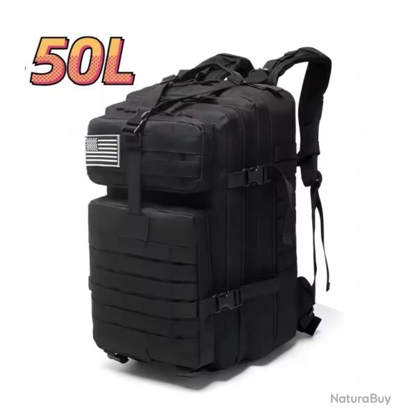 Sac � dos tactique noir 50L - survie, p�che, randonn�e, militaire, chasse, trekking solide