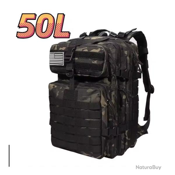 Sac � dos tactique camouflage noir 50L - airsoft, tir, bushcraft, chasse, p�che outdoor imperm�able