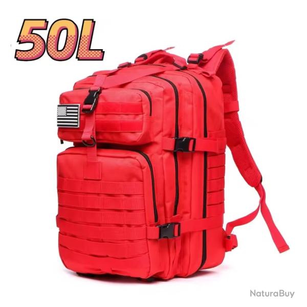 Sac � dos tactique rouge 50L - randonn�e, camping, chasse, voyage,  outdoor robuste