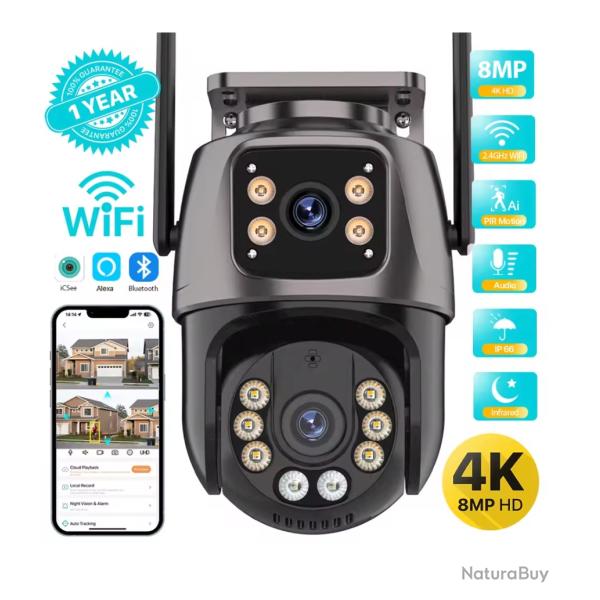 Cam�ra de Surveillance WiFi 4K 8MP PTZ Double Objectif Zoom 4X Vision nocturne IP66