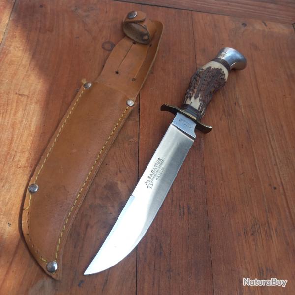 Grand Couteau de Chasse SABATIER Manche en Bois de Cerf avec �tui en cuir