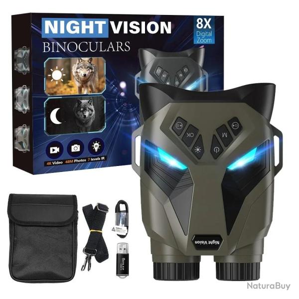 Jumelles Vision Nocturne 4K UHD DT79 Zoom Optique 4X Num�rique 8X IR 850 nm 300m Recharge USB-C Vert