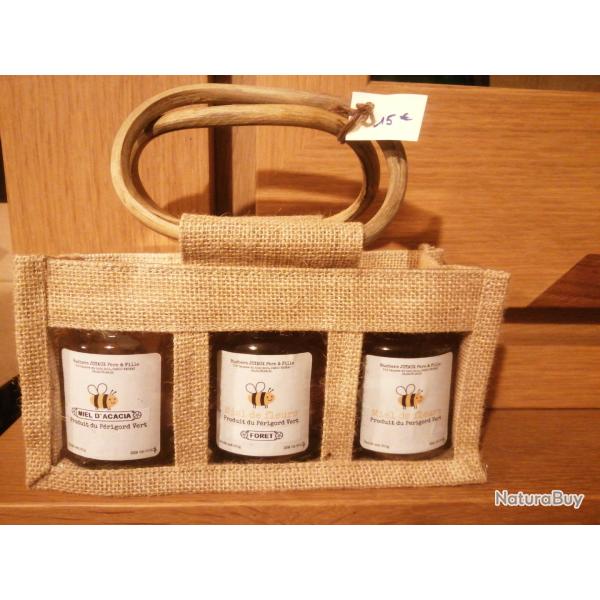 Trio de trois pots de miel de 250g dans un panier en toile de jute avec poign�e bois