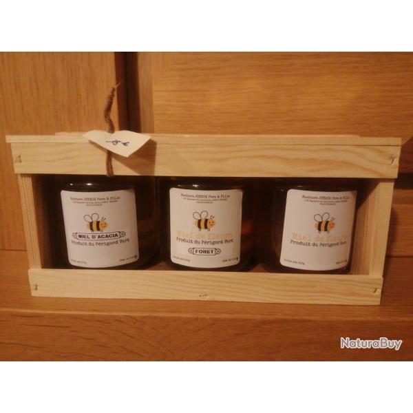 Trio de trois pots de miel de 250g dans un coffret bois