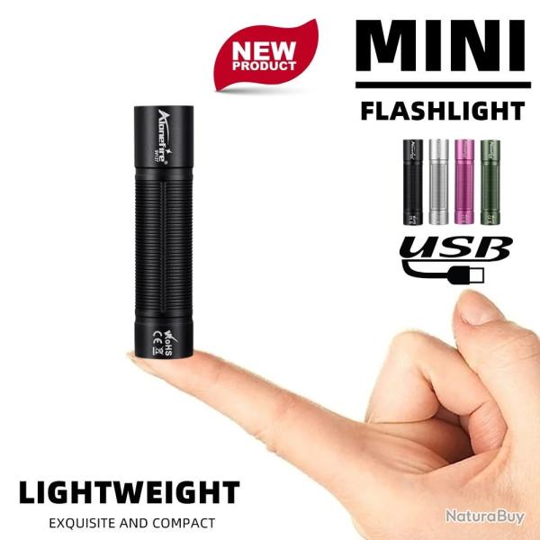 Lampe Torche LED de Poche Noire Puissante Rechargeable USB-C 300 Lumens | Outdoor | Porte-Cl�