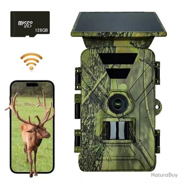 Cam�ra de Chasse Solaire WiFi 4K UHD Vision Nocturne D�tecteur Mouvement IP66 BluetoothSD 128Go