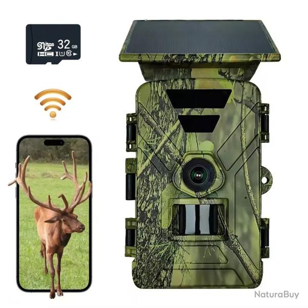 Cam�ra de Chasse Solaire WiFi 4K UHD Vision Nocturne D�tecteur Mouvement IP66 BluetoothSD 32 Go