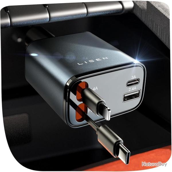4 en 1 R�tractable Chargeur Voiture USB C 69W, Adaptateur Allume
