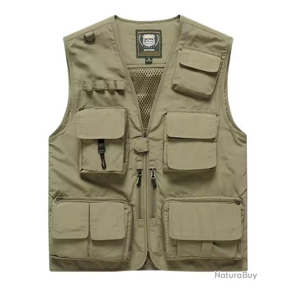 Gilet de p�che l�ger multi-poches - camping, randonn�e, outdoor kaki beige