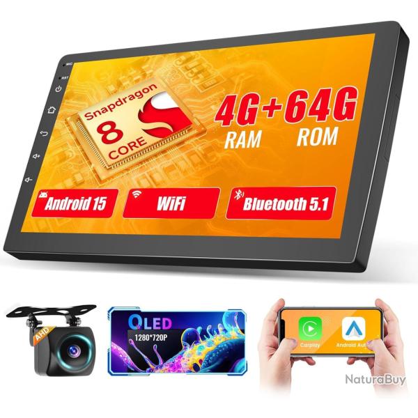 Autoradio 8Cores 4G+64G Android 15 2Din avec Carplay Android Auto sans Fil, �cran Tactile de 10" ave
