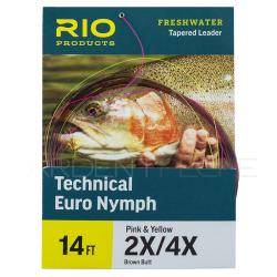 Bas de ligne RIO Technical Euro Nymph 14' (4,30m) D&eacute;part marron pointe rose/jaune