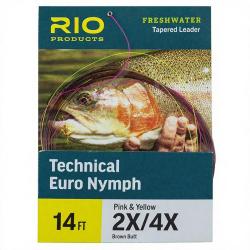 Bas de ligne RIO Technical Euro Nymph 14' (4,30m) D&eacute;part marron pointe rose/jaune