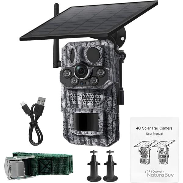 Cam�ra de Chasse 4G avec GPS et Panneau Solaire Vision Nocturne HD D�tection PIR Etanche IP65 SD 32G
