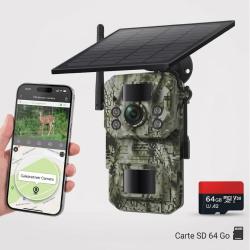 Cam&eacute;ra de Chasse 4G Solaire GPS HD Carte SIM Incluse Vision Nocturne 20 m D&eacute;tection PIR IP65 SD 64Go