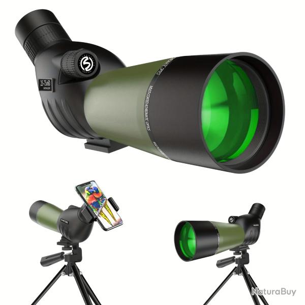 Longue-Vue 25-75x60 HD Zoom Puissant Tr�pied Etanche IPX4 Optique FMC Adaptateur Smartphone Vert