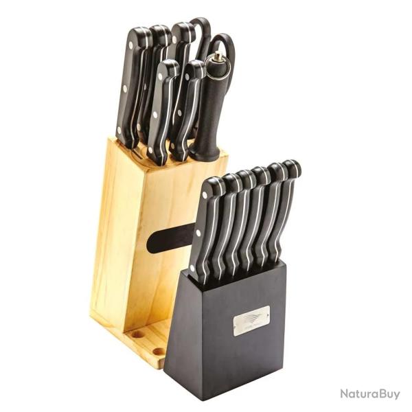 Bloc couteaux steak 15 pi�ces bois pin acier inox 420 ciseaux