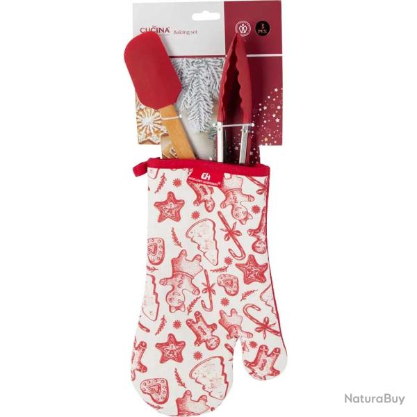 Manique Coton 17x27cm + Spatule + Pince Cuisine No�l
