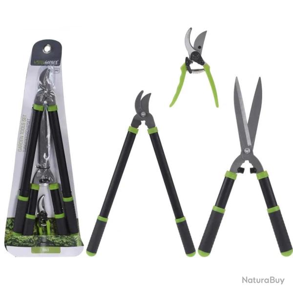 Set 3 outils jardin: cisaille alu 20cm + cisaille-haie 52cm + s�cateur