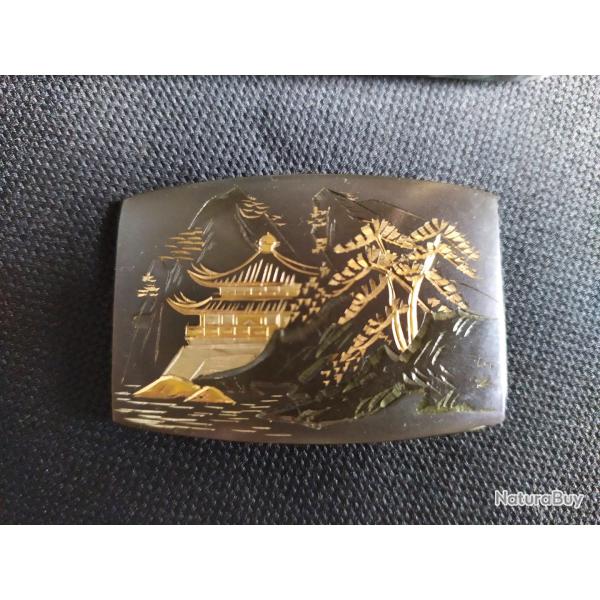 Boucle de ceinture cisel�e par artisan japonais, paysage, shibuishi patin�, dorure