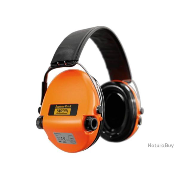 CASQUE ANTI BRUIT ELECTRONIQUE SORDIN SUPREME PRO-X ORANGE BANDEAU CUIR NOIR COUSSINS PVC