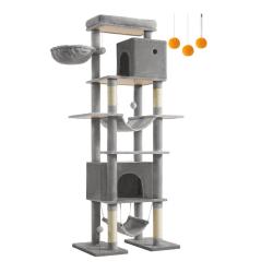 Arbre &agrave; chat 201 cm forme de tour taille XXL multi-niveaux 1 plateforme 1 panier 2 niches 2 hamacs