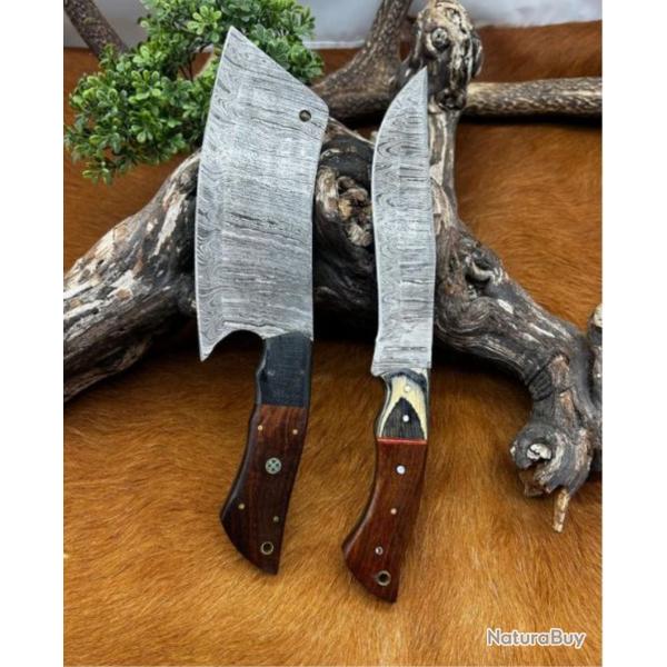 1 couperet et 1 Bowie lame fixe en acier Damas (4)