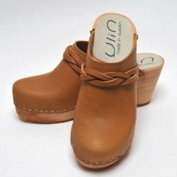 Sabots femme talons hauts fin bois et cuir tann&eacute; v&eacute;g&eacute;tal ou nubuck et 36 cognac