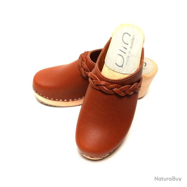 Sabots su�dois femme talons hauts fin bois et cuir tannage v�g�tal ou nubuck cognac
