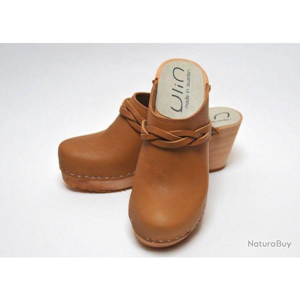 Sabots femme talons hauts fin bois et cuir tann� v�g�tal ou nubuck et 36 cognac
