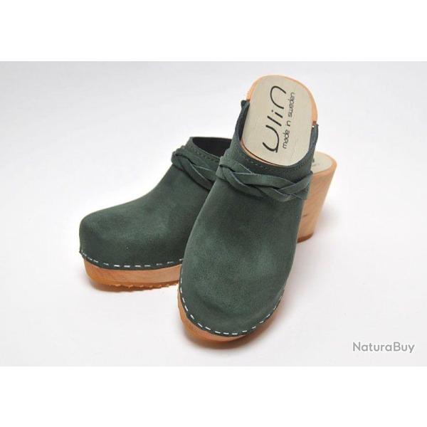 Sabots sudois femme talons hauts fin bois et cuir tannage vgtal ou nubuck vert ardoise