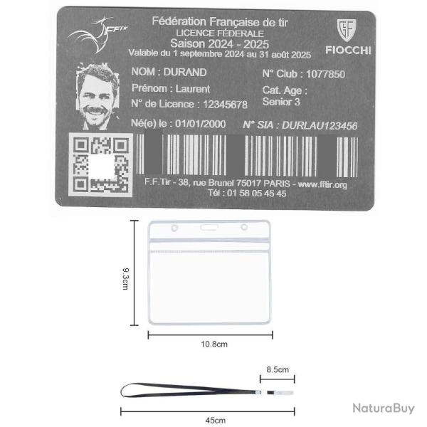 FFT! Licence de tir en aluminium argent�e grav� au laser (Recto) + Porte badge tour de cou