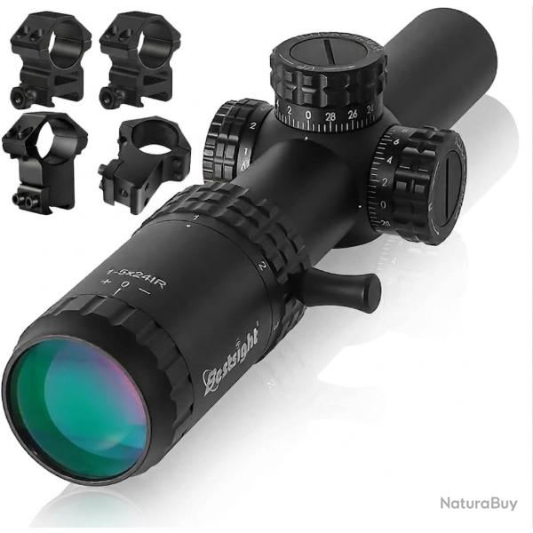 Lunette de Vis�e 1-5x24 HD Tube 30mm R�ticule Grav� Rouge Vert �tanche IPX7 Chasse Battue Tir Sporti