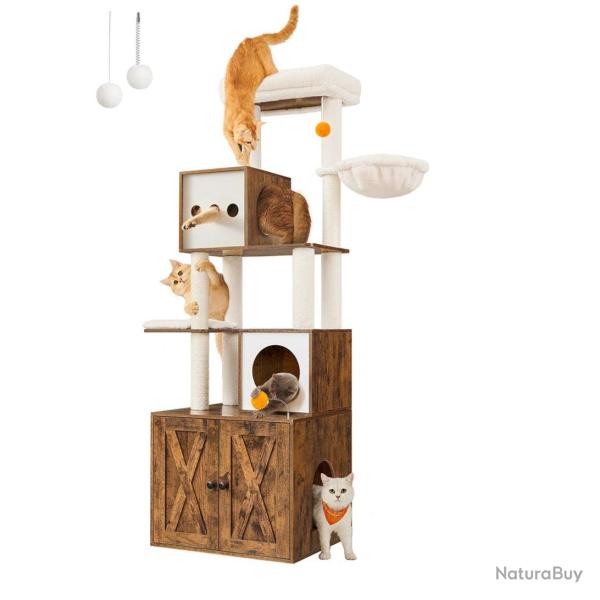 Arbre  chat moderne avec cache-litire tour de jeu griffoir avec maison de toilette 185 cm niche p