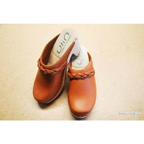 Sabots su�dois femme talons larges bois et cuir tannage v�g�tal ou nubuck 37 Auburn